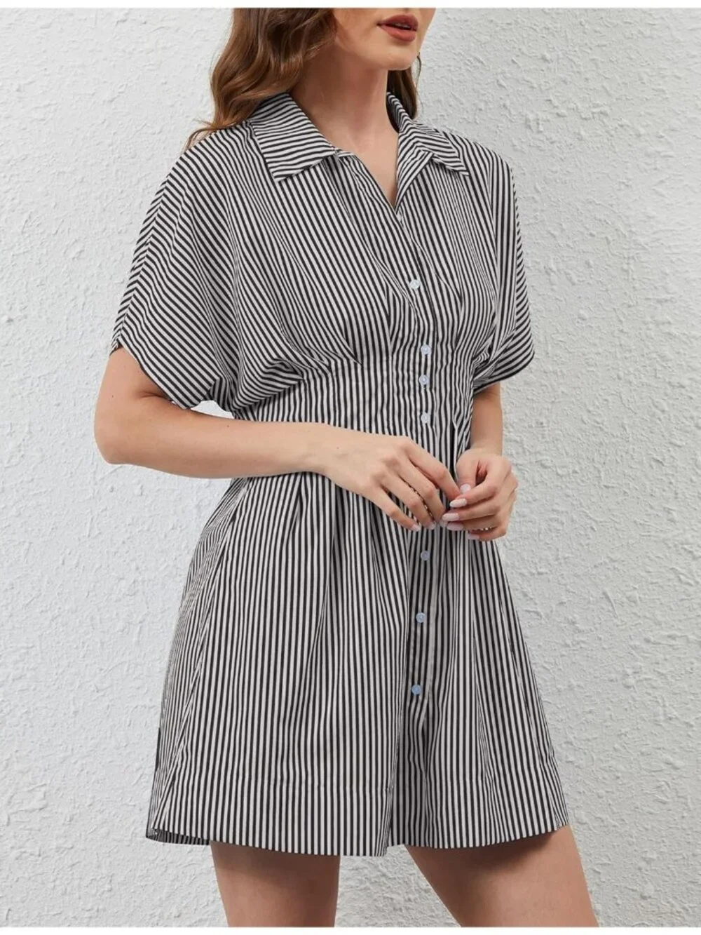 Women's Striped Black Down Short Sleeve Causal A Line Flowy Pleated Mini Dress - Picture 5 of 6